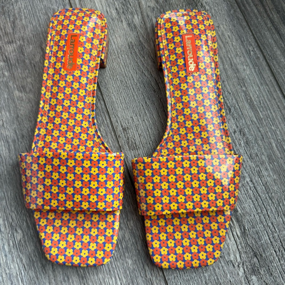 Like New! Larroude Athena sandal flip flop heels floral poppy 8 - Picture 3 of 9